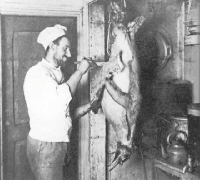 Charles green, the endurance's cook, preparing a penguin