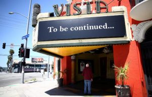 Signage at Vista Theatre is seen during the coronavirus pandemic on April 23, 2020 in Los Angeles, California.