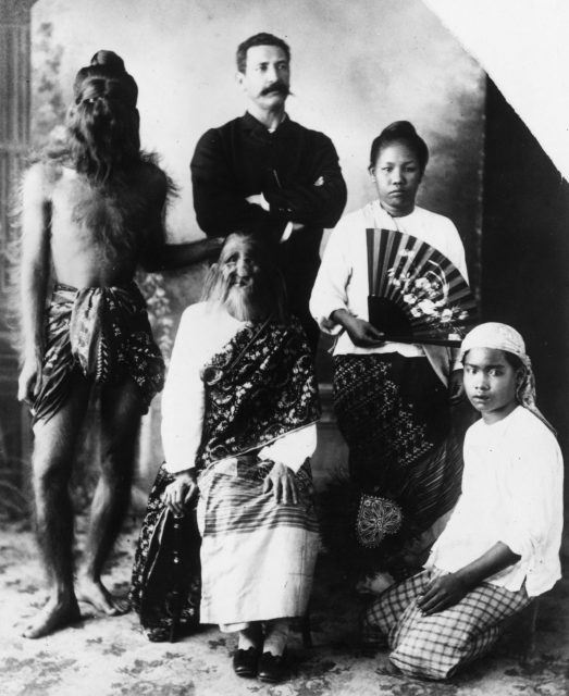 A Burmese family, two of whose members have faces covered in hair, are just one of the attractions advertised by American showman and circus owner Phineas T Barnum. They were billed as 'The Sacred Hairy Family of Burma'. 
