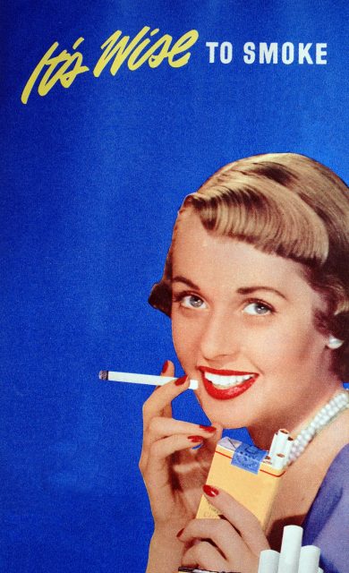 Vintage illustration of 'It's Wise to Smoke' with a smiling woman smoking a cigarette, screen print c. 1950.