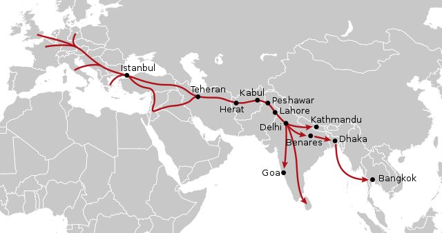 Map outlining the path of the hippie trail across europe and asia