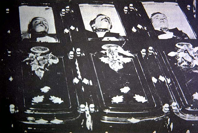 om McLaury, Frank McLaury and Billy Clanton (left to right) lie dead after the gunfight at the O.K. Corral.