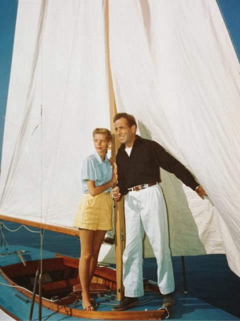 Lauren Bacall and Humphrey Bogart on a sailboat