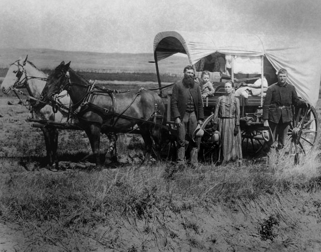 Family standing in front of a horse-drawn buggie