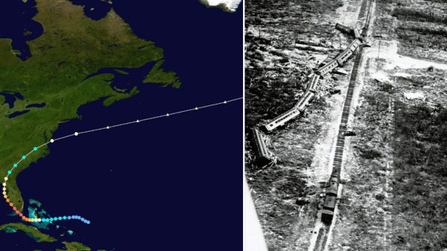 Trajectory of the 1935 Labor Day Hurricane + aerial view of a derailed train