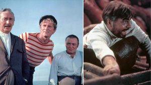 Cast of 20,000 Leagues Under The Sea + James Mason being attacked by an octopus