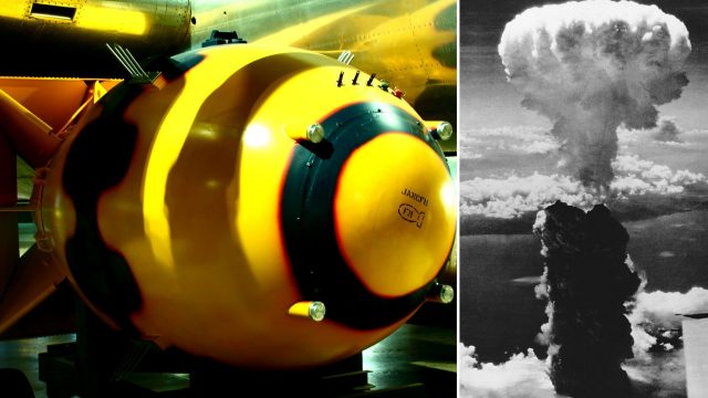 Replica of the Fat Man atomic bomb + mushroom cloud over Hiroshima