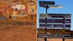 Coober Pedy wall mural + road signs