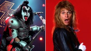 Gene Simmons performing on stage + David Lee Roth with a mullet