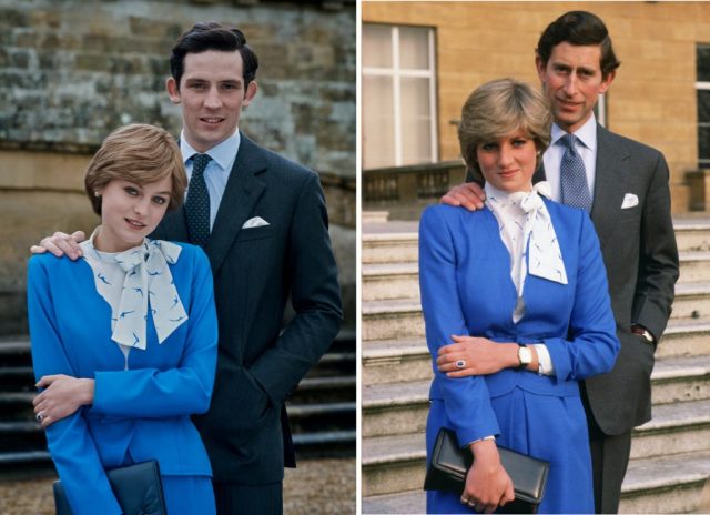 Josh O’Connor and Emma Corrin who play Prince Charles and Princess Diana in The Crown compared to the real Prince Charles and Princess Diana (Photo Credit: Netflix/ MovieStills DB and Tim Graham/ Getty Images)