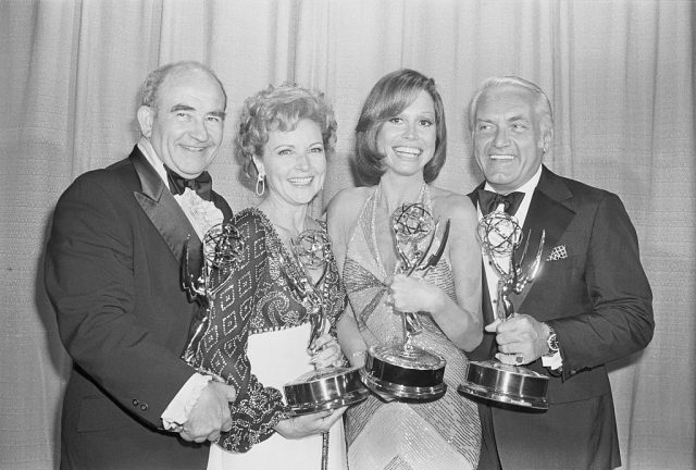 Edward Asner, Betty White, Mary Tyler Moore and Ted Knight. All won their Emmys for their roles in The Mary Tyler Moore Show except Asner, who won his for his performance in Rich Man, Poor Man. (Photo Credit: Bettmann / Contributor)