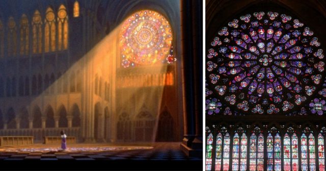 Stained glass in The Hunchback of Notre Dame and the real Notre Dame 