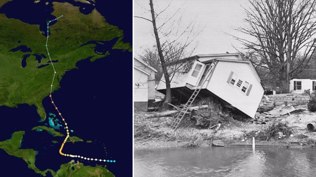 Trajectory of Hurricane Hazel + House surrounded by floodwaters