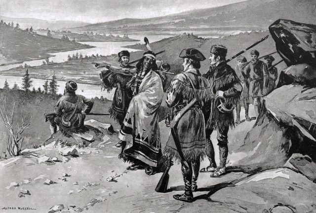 Illustration of Sacajawea guiding the Lewis and Clark expedition through the Rocky Mountains. (Photo Credit: Painting by Alfred Russell. BPA2 #1649 via Getty Images)