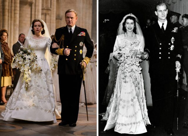 Claire Foy (as Queen Elizabeth) and Jared Harris (as King George VI) on Elizabeth’s wedding day in The Crown compared to Queen Elizabeth and prince Phillip on their actual wedding day, 1947. (Photo Credit: Netflix/ MovieStills DB and Hulton Archive/ Getty Images)