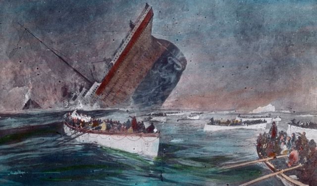Lifeboats of people watching the rms titanic sink