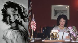 Portrait of Shirley Temple + Temple sitting at a desk