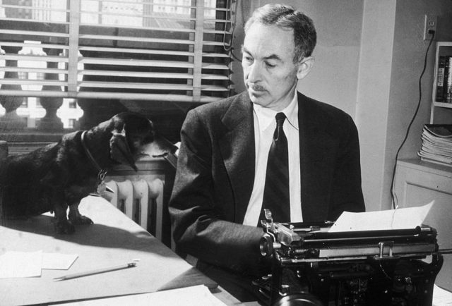 Circa 1948: american writer e b white (1899 – 1985) looks at his pet dachshund minnie while typing in his office at the new yorker magazine, new york city. (photo credit: new york times co. /getty images)