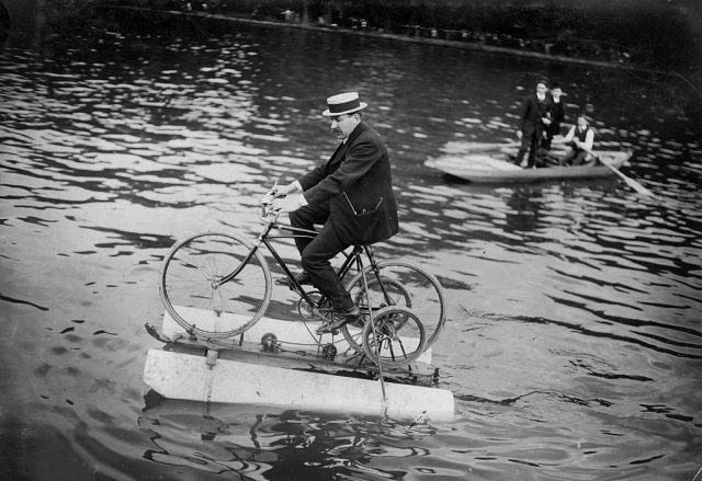 The “amphibocycle”, water bicycle, on the river seine, asnières (france), 1909. (photo creditl maurice-louis branger/roger viollet via getty images)