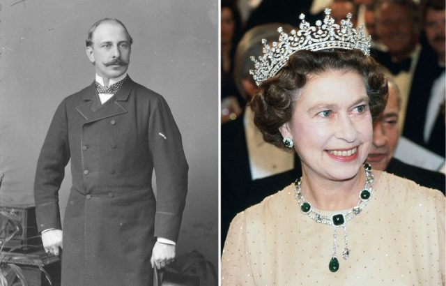 Prince Francis of Teck, left, and Queen Elizabeth II in the Cambridge emeralds, right. (Photo Credit: Alexander Bassano – National Portrait Gallery, Public Domain & Tim Graham Photo Library via Getty Images)
