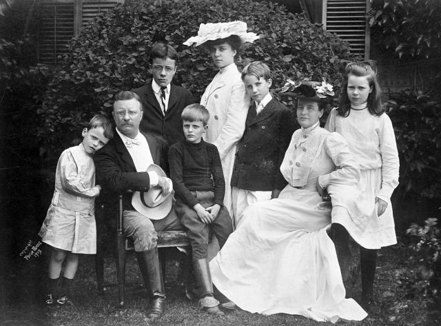 1903: President Theodore Roosevelt with his family: (L TO R) Quentin, Theodore Sr., Theodore Jr. (with glasses), Archie, Alice, Kermit, Mrs. Roosevelt, and Ethel. (Photo Credit © Pach Brothers/CORBIS/Corbis via Getty Images)