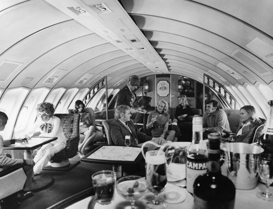 First class upper deck lounge on a boeing 747