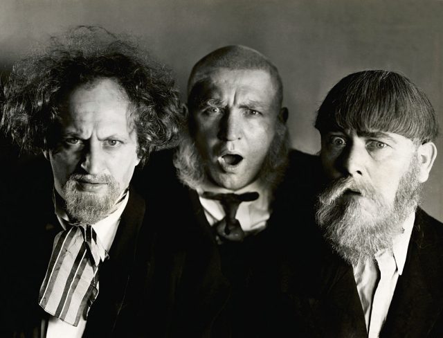 Publicity handout of “the three stooges,” each wearing a different type of facial hair. (photo credit: george rinhart/corbis via getty images)