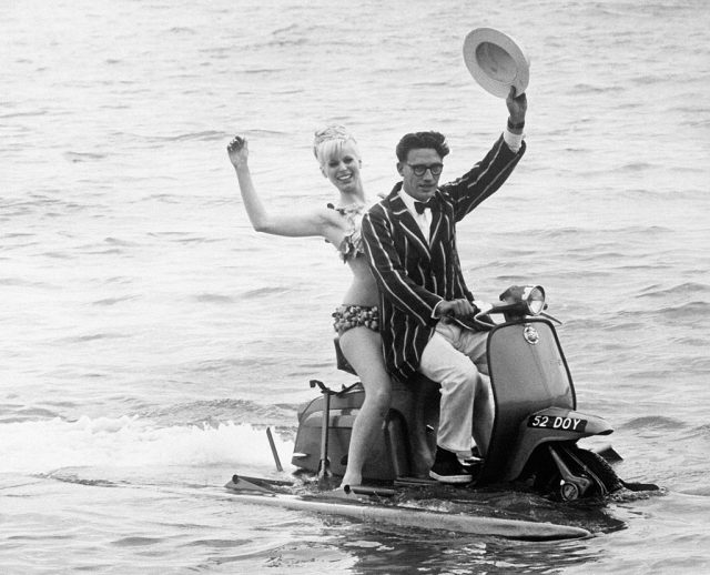 As part of the cycle and motorcycle show, here is the first amphibious scooter presented by its inventor Dougals Bedford (Photo Credit: Keystone-FranceGamma-Rapho via Getty Images)