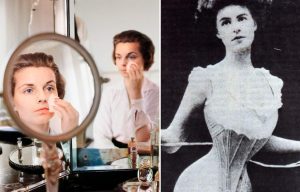 Woman applying makeup in a mirror + woman cinching her corset
