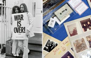Yoko Ono and John Lennon holding a "WAR IS OVER!" sign + Cassette tape and polaroids