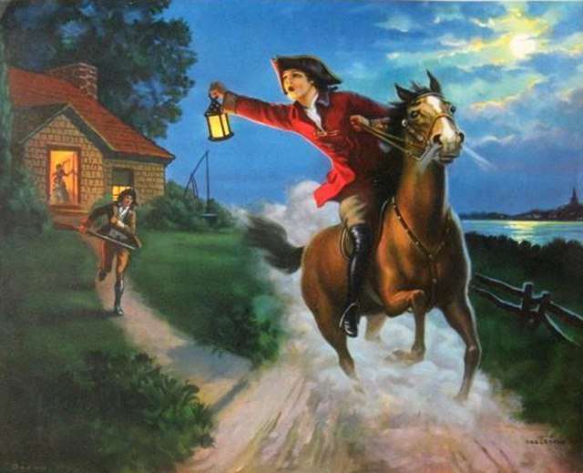 Paul Revere on a horse and holding out a lantern