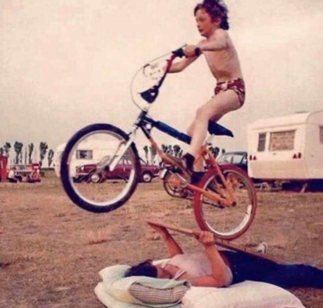 Mom being used as a bike ramp