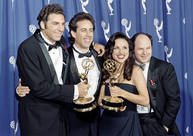 The cast of the Emmy-winning “Seinfeld.” From left to right: Michael Richards, Jerry Seinfeld, Julia Louis-Dreyfus and Jason Alexander. (Photo Credit: SCOTT FLYNN/AFP via Getty Images)