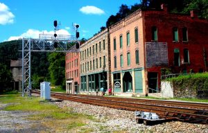 Buildings along railroad tracks