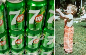 Cans of 7UP + Child drinking a bottle of 7UP
