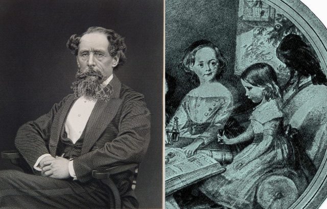 Engraving of charles dickens and image of his children with grip the raven (photo credit: chris hellier/corbis via getty images & culture club/getty images)