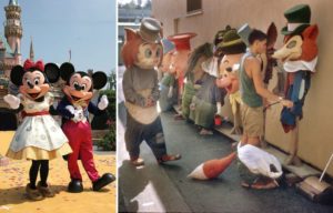 Minnie Mouse and Mickey Mouse + Disneyland costumes lined up against the wall
