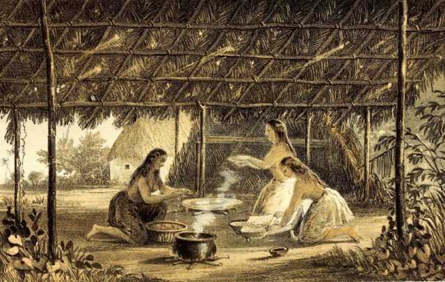 Engraving of three women making tortillas. Courtesy Internet Archive. (Photo Credit: Smith Collection/Gado/Getty Images)