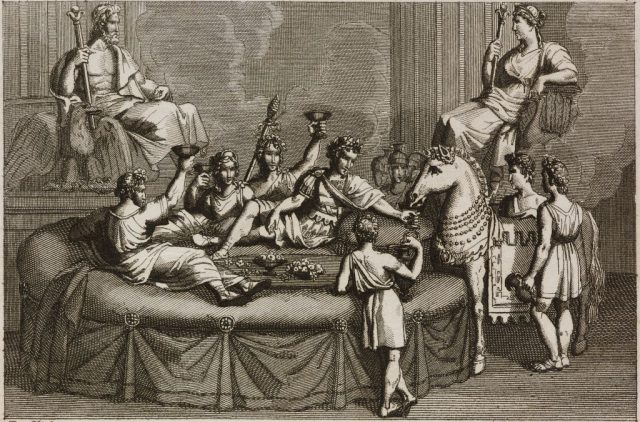 Caligula gives his horse incitatus a drink during a banquet, plate 7, engraving by persichini from a drawing by pinelli, from the history of the roman emperors from augustus to constantine, by jean baptiste louis crevier, 1836, rome. (photo credit: icas94 / de agostini picture library via getty images)