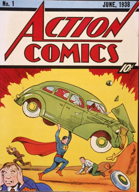 Cover illustration of the Action Comics No. 1 comic book featuring the first appearance of the character Superman (here lifting a car) in June 1938. (Photo credit: Hulton Archive / Getty Images)