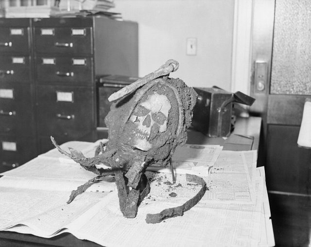An aged human skeleton encased in an iron cage, grim evidence it is believed of early pirates’ torture devices (Photo Credit: Bettmann / Contributor)