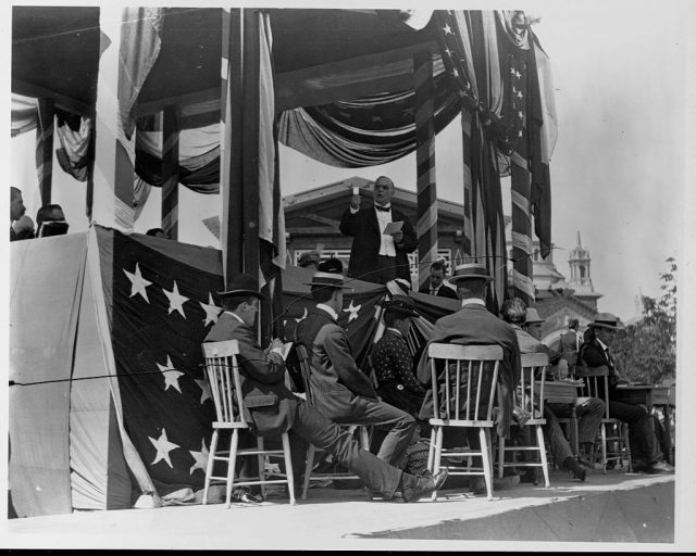 President William McKinley speaks on a reviewing stand at the Pan American Exposition in Buffalo on September 6, 1901. Later that day he was shot and he died a week later. New York, USA. (Photo Credit: Frances Benjamin Johnston/Library of Congress/Corbis/VCG via Getty Images)