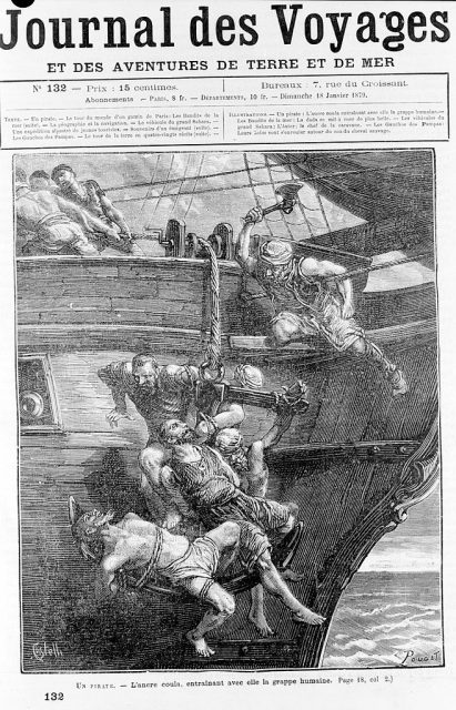 The cover of the Journal des Voyages depictes an engraving by Horace Castelli and Pouget of a group of prisoners tied to an anchor as a pirate prepares to drown them, January 18, 1879. (Photo Credit: Roger-Viollet/Getty Images)