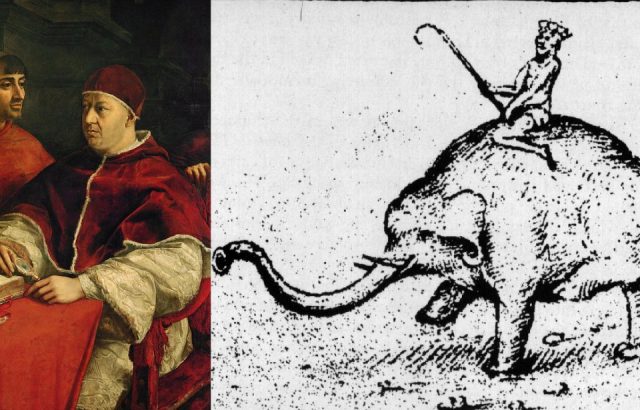 Pope leo x medici, left. Hanno the elephant, right. (photo credit: imagno / contributor & unknown author – from title page of leitura nova. , public domain, wikimedia commons)