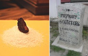 Mummified toe atop a bed of salt + Gravestone memorializing the Sourtoe Cocktail
