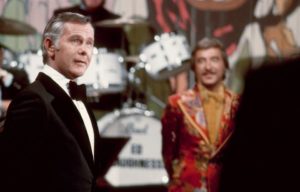 Tonight Show host Johnny Carson tapes the 10th anniversary show with band leader Doc Severinsen (in the background)