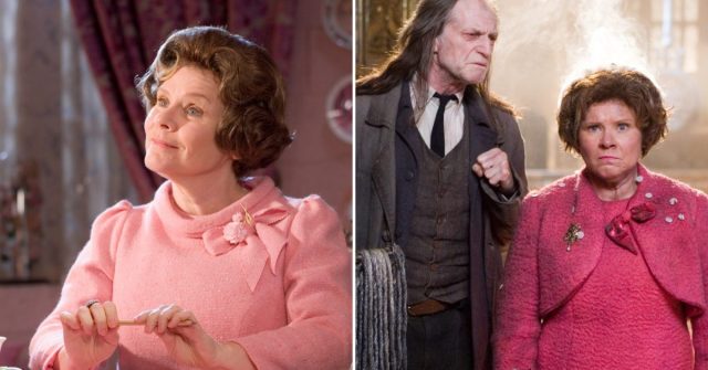 Dolores Umbridge sitting at her desk + Argus Filch and Dolores Umbridge standing outside the entrance to the Great Hall