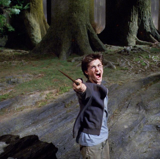 Harry Potter performing the Expecto Patronum spell in the Forbidden Forest