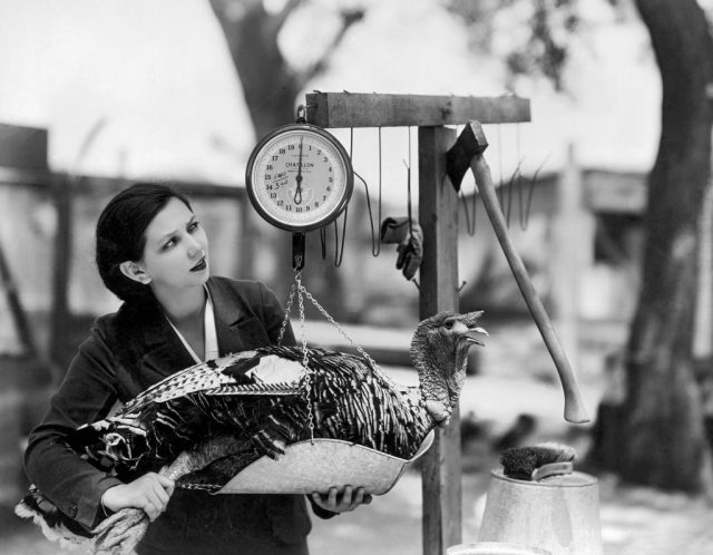 Patsy Kelly weighing a turkey