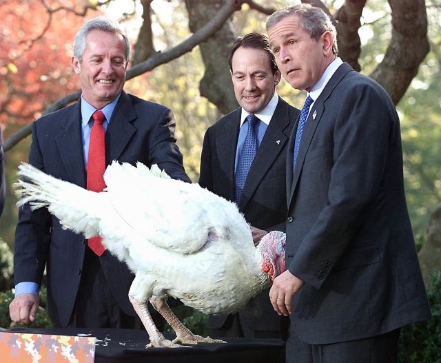 President George W. Bush(R) joined by turkey farmers Jeff Radford(L) and Stuart Proctor(C) meets Liberty, the turkey to receive the annual Thanksgiving Presidential Pardon in the Rose Garden of the White House (Photo Credit: TIM SLOAN/AFP via Getty Images)